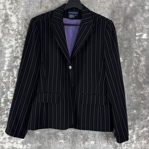 Tristan Iseut Womens Size 10 Striped V Neck Blazer Jacket Black Purple Lined